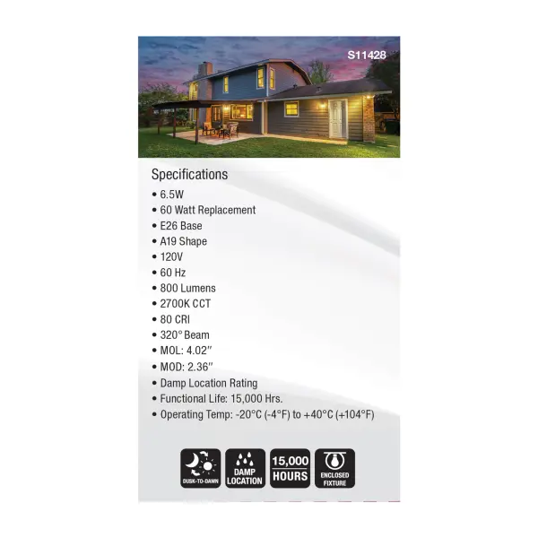 6.5 Watt - A19 LED Filament - Dusk to Dawn With PhotoCell - 2700K - Medium base - 320 deg. Beam Angle - 120 Volt - Image 5