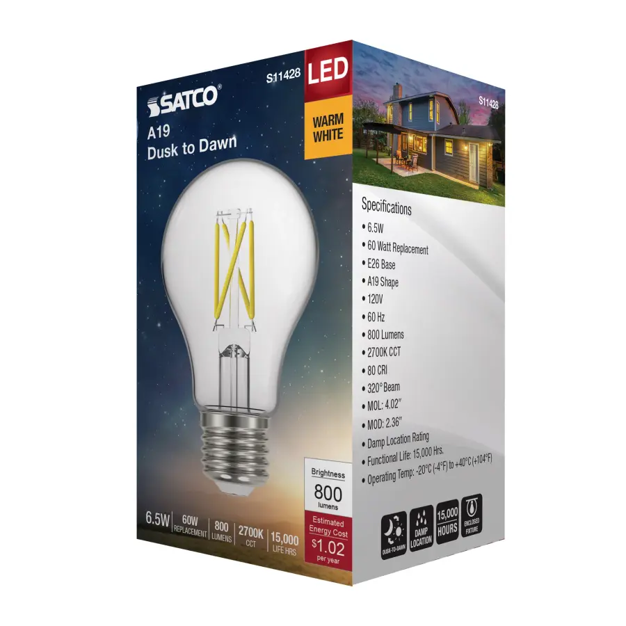 6.5 Watt - A19 LED Filament - Dusk to Dawn With PhotoCell - 2700K - Medium base - 320 deg. Beam Angle - 120 Volt - Image 9