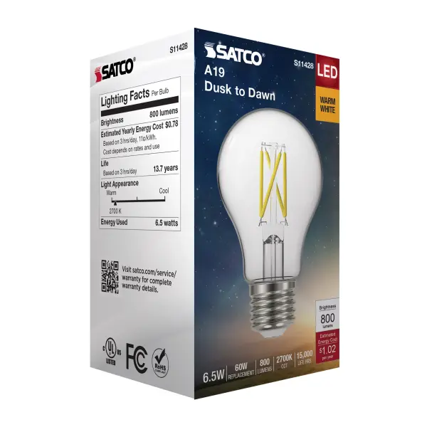 6.5 Watt - A19 LED Filament - Dusk to Dawn With PhotoCell - 2700K - Medium base - 320 deg. Beam Angle - 120 Volt - Image 10