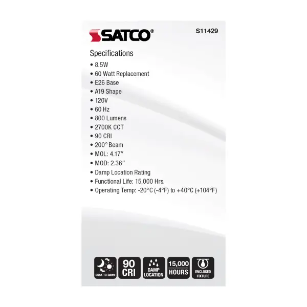 8.5 Watt - A19 LED - Dusk to Dawn - 2700K - 90CRI - Medium base - 200 deg. Beam Angle - 120 Volt - Image 5