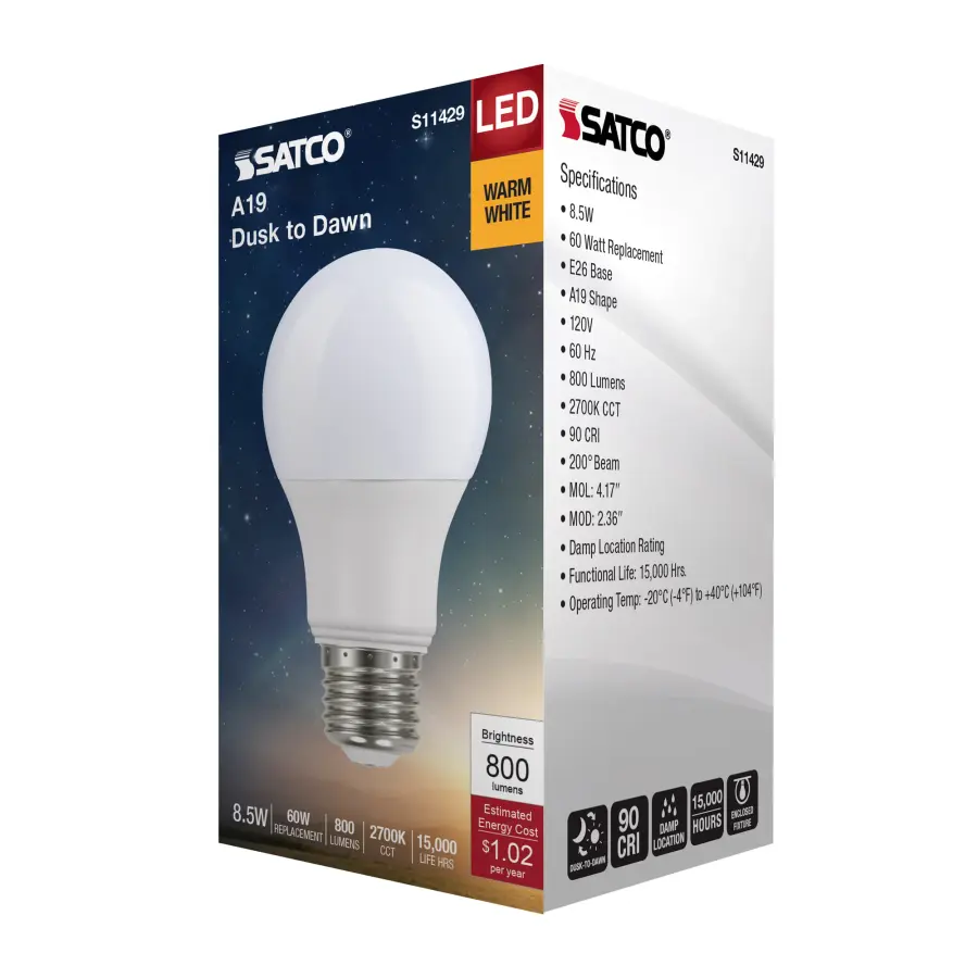 8.5 Watt - A19 LED - Dusk to Dawn - 2700K - 90CRI - Medium base - 200 deg. Beam Angle - 120 Volt - Image 7