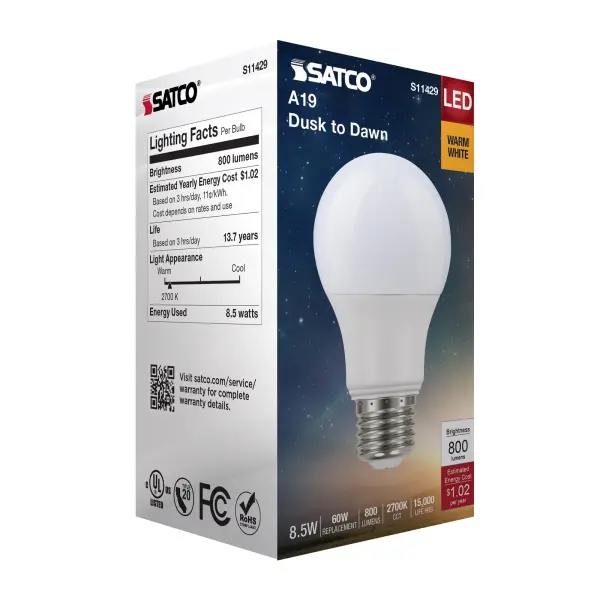 8.5 Watt - A19 LED - Dusk to Dawn - 2700K - 90CRI - Medium base - 200 deg. Beam Angle - 120 Volt - Image 8