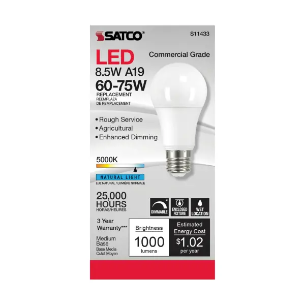 A commercial grade LED lamp for use in agricultural environments or other areas where a rough service lamp is needed. The lamp is suitable for use with enclosed fixtures and is wet location rated. In addition, the lamp has enhanced dimming capabilities. - alternate view