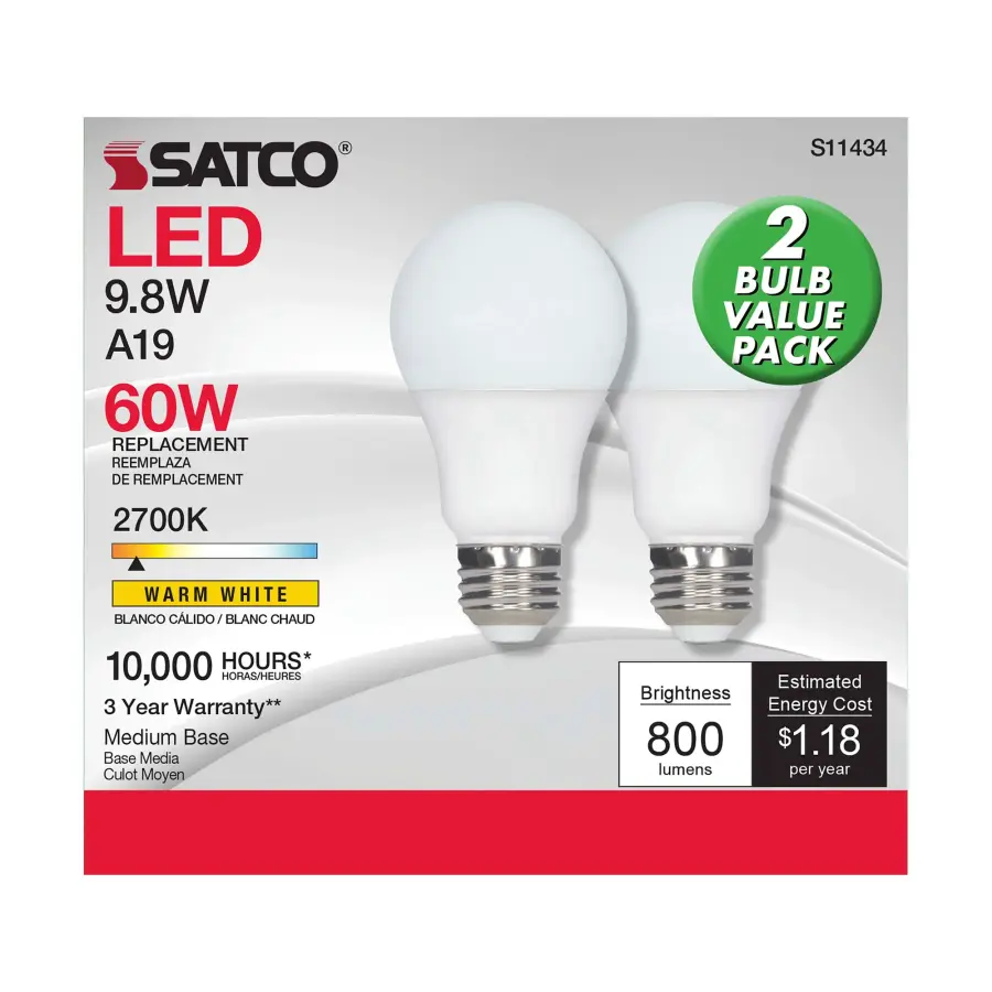 9.8 Watt - A19 LED - 2700K - Medium base - 220 deg. Beam Angle -120 Volt - Pack of 2 - Image 4