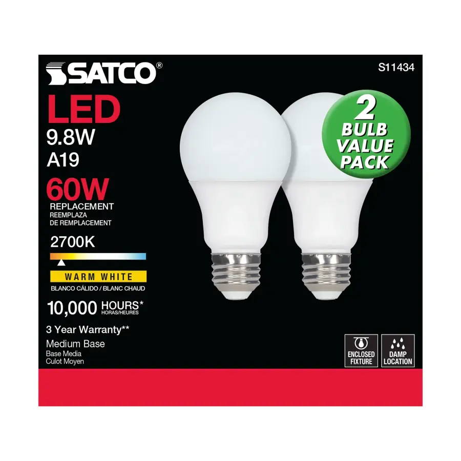9.8 Watt - A19 LED - 2700K - Medium base - 220 deg. Beam Angle -120 Volt - Pack of 2 - Image 5