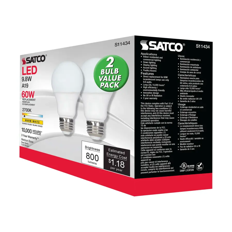 9.8 Watt - A19 LED - 2700K - Medium base - 220 deg. Beam Angle -120 Volt - Pack of 2 - Image 6