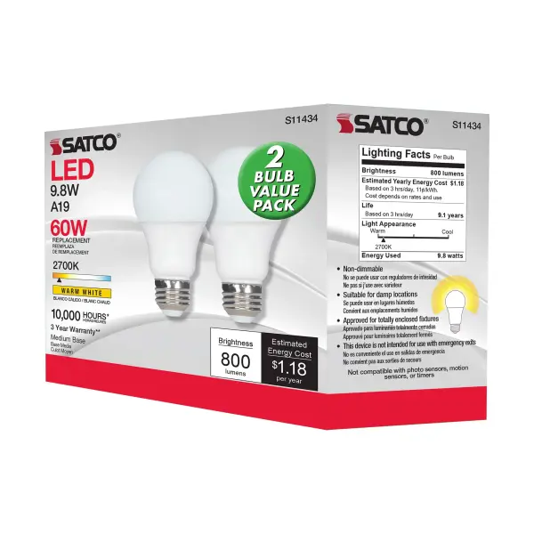 9.8 Watt - A19 LED - 2700K - Medium base - 220 deg. Beam Angle -120 Volt - Pack of 2 - Image 7