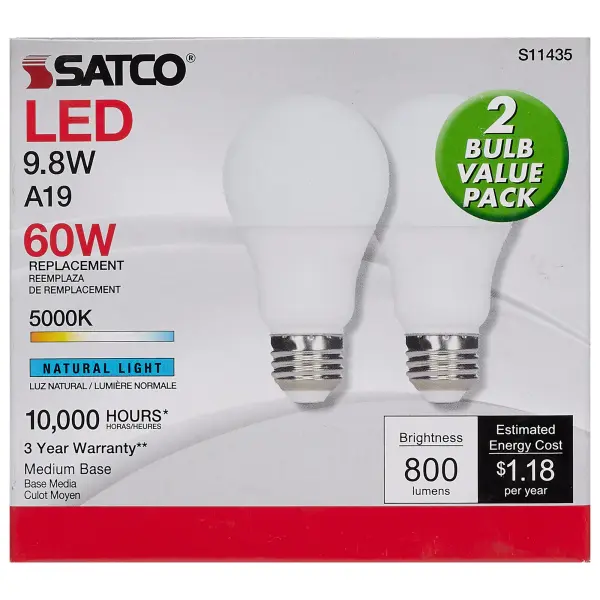 9.8 Watt - A19 LED - 5000K - Medium base - 220 deg. Beam Angle -120 Volt - Pack of 2 - Image 4