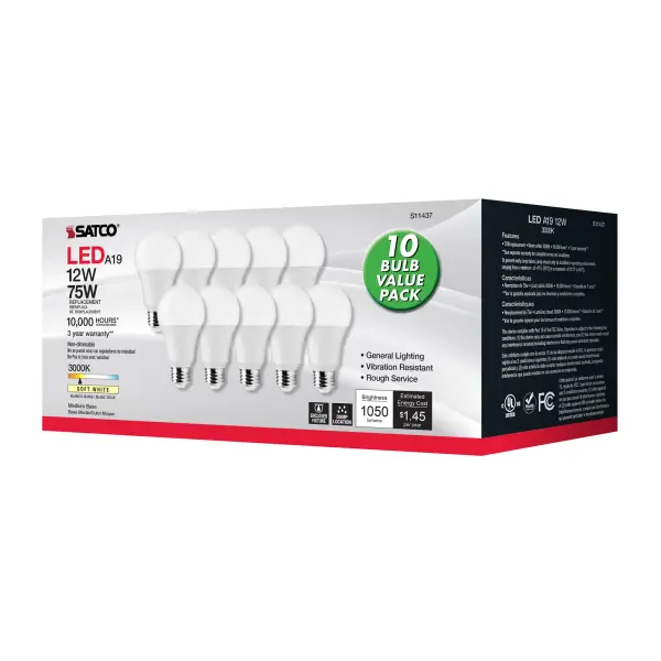 12 Watt A19 LED - 3000K - 75 Watt Replacement - Medium base - 220 deg. Beam Angle - 10-Pack - Image 4