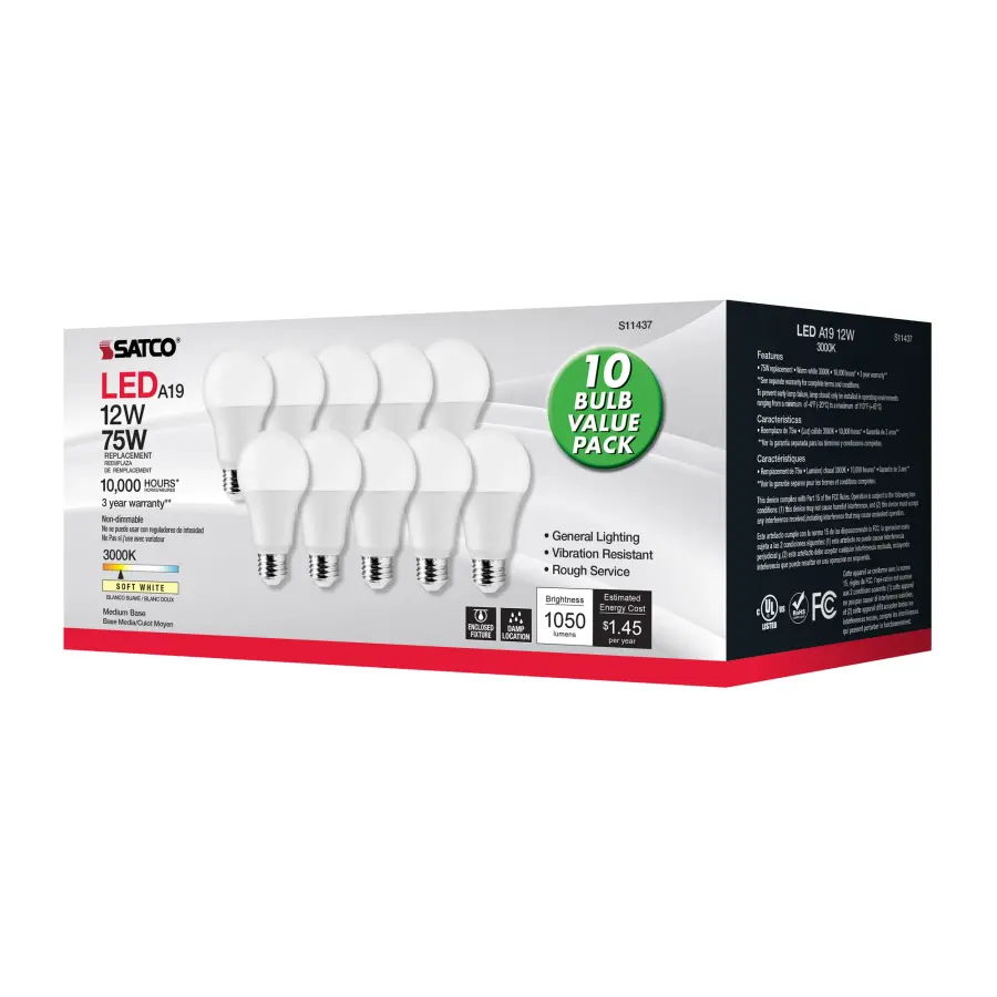 12 Watt A19 LED - 3000K - 75 Watt Replacement - Medium base - 220 deg. Beam Angle - 10-Pack - Image 4