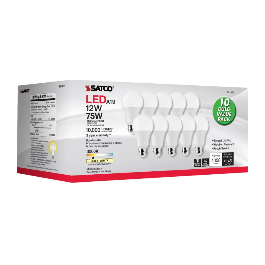 12 Watt A19 LED - 3000K - 75 Watt Replacement - Medium base - 220 deg. Beam Angle - 10-Pack - Image 5