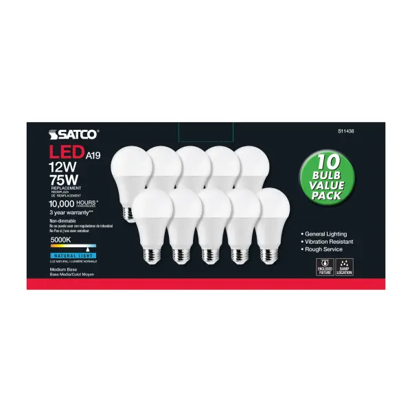 12 Watt A19 LED - 5000K - 75 Watt Replacement - Medium base - 220 deg. Beam Angle - 10-Pack - Image 4