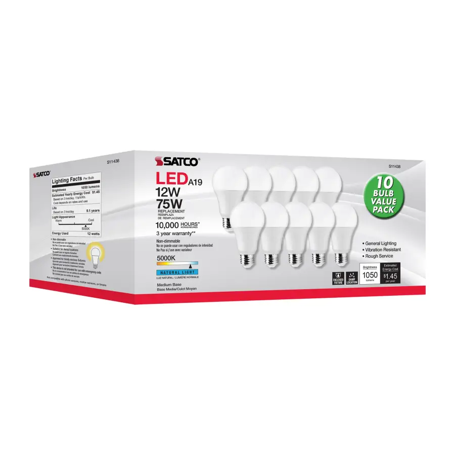 12 Watt A19 LED - 5000K - 75 Watt Replacement - Medium base - 220 deg. Beam Angle - 10-Pack - Image 7