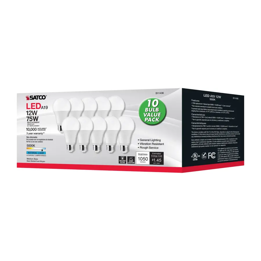 12 Watt A19 LED - 5000K - 75 Watt Replacement - Medium base - 220 deg. Beam Angle - 10-Pack - Image 8