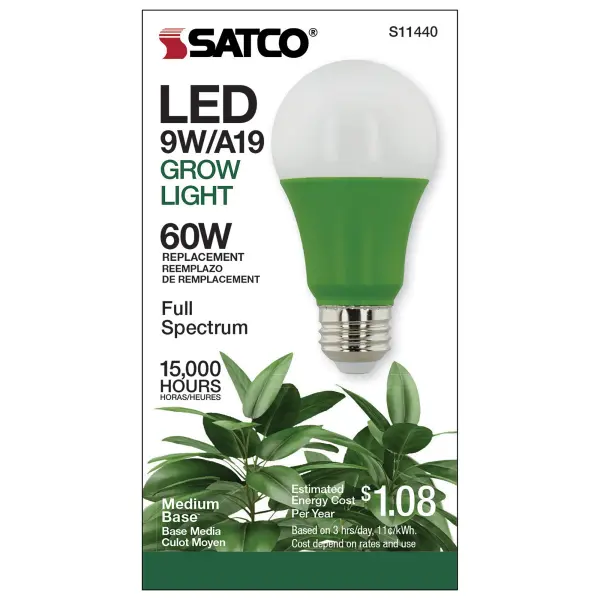 Satco's 9-watt grow lamp is a full spectrum lamp, delivering wavelengths and colors essential for healthy plant growth. Engineered for all phases of indoor plant growth, from budding to flowering, these lamps are perfect for most hydroponic systems. Generating less heat than older technologies, this grow lamp delivers 15,000 hours of illumination. - alternate view