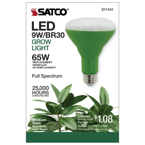 Satco's 9-watt grow lamp is a full spectrum lamp, delivering wavelengths and colors essential for healthy plant growth. Engineered for all phases of indoor plant growth, from budding to flowering, these lamps are perfect for most hydroponic systems. Generating less heat than older technologies, this grow lamp delivers 25,000 hours of illumination. - alternate view