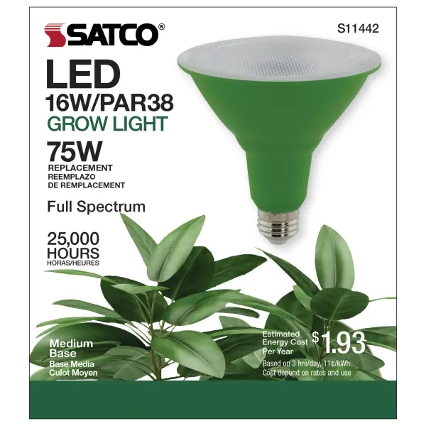 Satco's 16-watt grow lamp is a full spectrum lamp, delivering wavelengths and colors essential for healthy plant growth. Engineered for all phases of indoor plant growth, from budding to flowering, these lamps are perfect for most hydroponic systems. Generating less heat than older technologies, this grow lamp delivers 25,000 hours of illumination. - alternate view