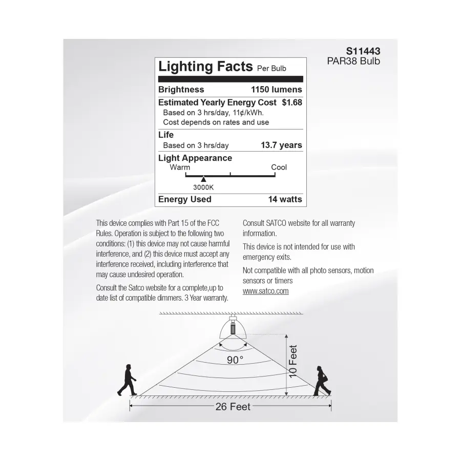 14 Watt PAR38 LED - White - 3000K - 1100 Lumens - 120 Volt - PIR Sensor - Non-Dimmable - Image 8