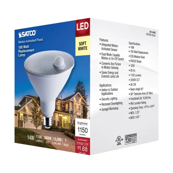 14 Watt PAR38 LED - White - 3000K - 1100 Lumens - 120 Volt - PIR Sensor - Non-Dimmable - Image 9