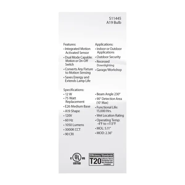 12 Watt A19 LED - White - 3000K - 1050 Lumens - 120 Volt - PIR Sensor - Non-Dimmable - Image 5