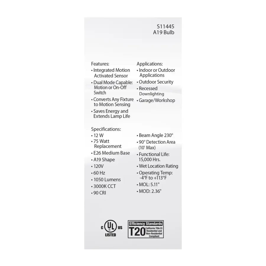 12 Watt A19 LED - White - 3000K - 1050 Lumens - 120 Volt - PIR Sensor - Non-Dimmable - Image 5