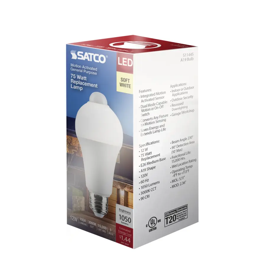 12 Watt A19 LED - White - 3000K - 1050 Lumens - 120 Volt - PIR Sensor - Non-Dimmable - Image 8