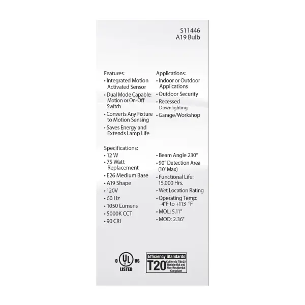 12 Watt A19 LED - White - 5000K - 1050 Lumens - 120 Volt - PIR Sensor - Non-Dimmable - Image 5