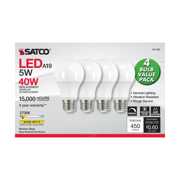 Satco's 5-watt LED lamp is traditional, yet contemporary with its sleek finish and energy saving LED technology. Elegantly illuminate any room in the house with this 4 pack of dimmable bulbs. Sophisticated and modern, this frosted lamp delivers 15,000 hours of warm white light. - alternate view