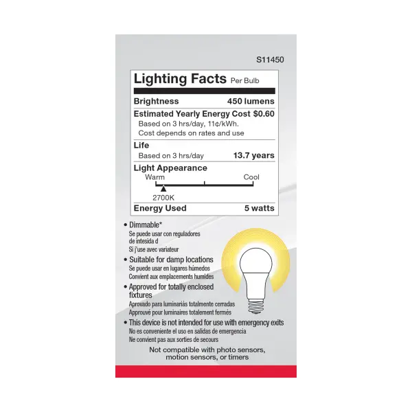 5 Watt A19 LED - 2700K - Dimmable - Medium base - 230 deg. Beam Angle - 4-pack - Image 5