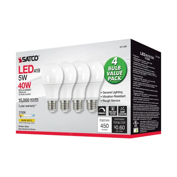 5 Watt A19 LED - 2700K - Dimmable - Medium base - 230 deg. Beam Angle - 4-pack - Image 6