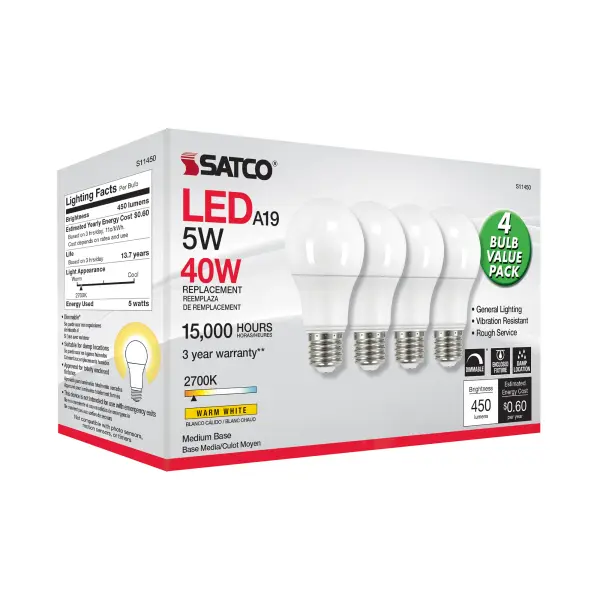 5 Watt A19 LED - 2700K - Dimmable - Medium base - 230 deg. Beam Angle - 4-pack - Image 7