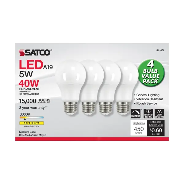 Satco's 5-watt LED lamp is traditional, yet contemporary with its sleek finish and energy saving LED technology. Elegantly illuminate any room in the house with this 4 pack of dimmable bulbs. Sophisticated and modern, this frosted lamp delivers 15,000 hours of soft white light. - alternate view