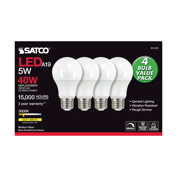 5 Watt A19 LED - 3000K - Dimmable - Medium base - 230 deg. Beam Angle - 4-pack - Image 3