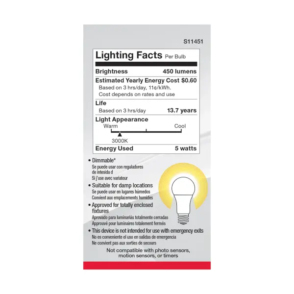 5 Watt A19 LED - 3000K - Dimmable - Medium base - 230 deg. Beam Angle - 4-pack - Image 5