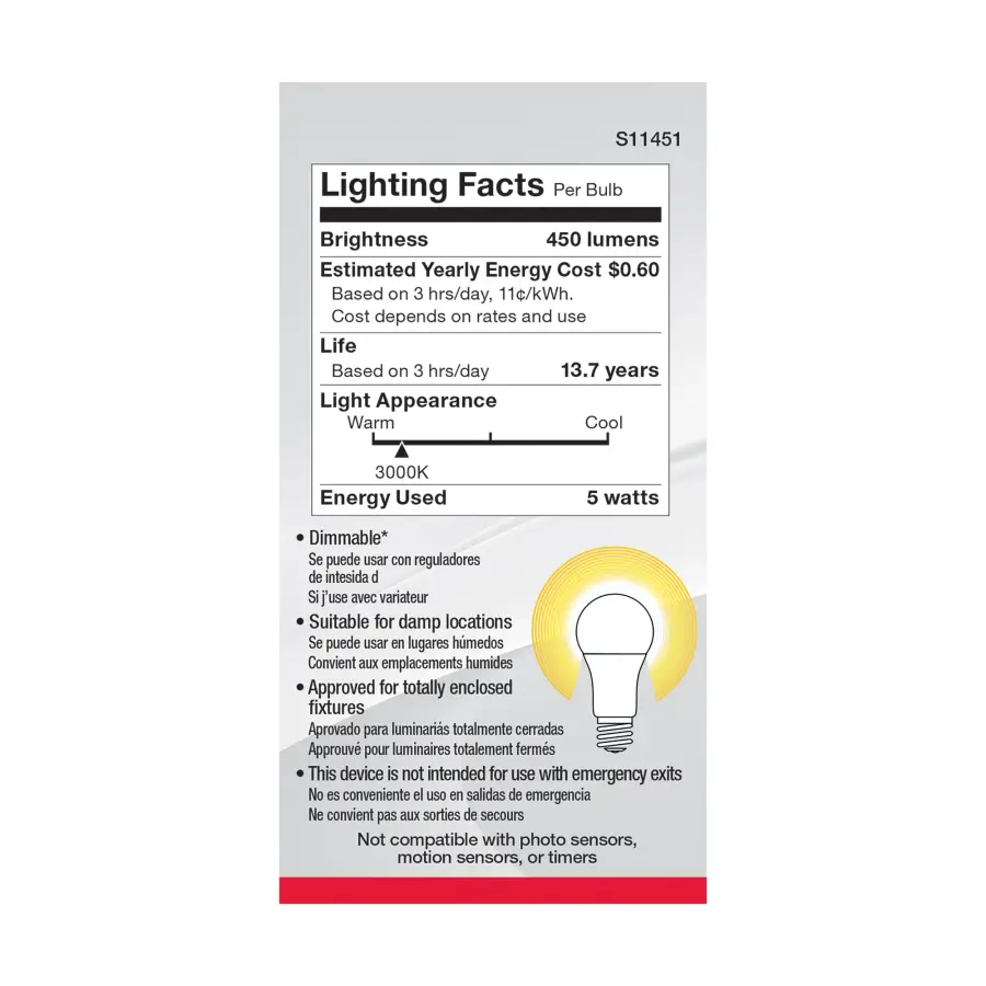 5 Watt A19 LED - 3000K - Dimmable - Medium base - 230 deg. Beam Angle - 4-pack - Image 5