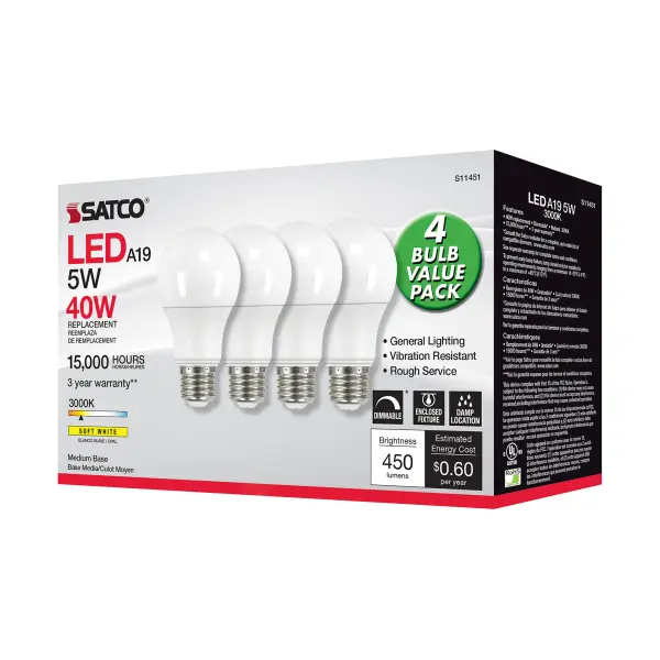 5 Watt A19 LED - 3000K - Dimmable - Medium base - 230 deg. Beam Angle - 4-pack - Image 6