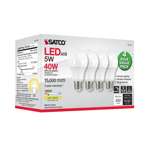 5 Watt A19 LED - 3000K - Dimmable - Medium base - 230 deg. Beam Angle - 4-pack - Image 7
