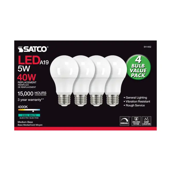 5 Watt A19 LED - 4000K - Dimmable - Medium base - 230 deg. Beam Angle - 4-pack - Image 3
