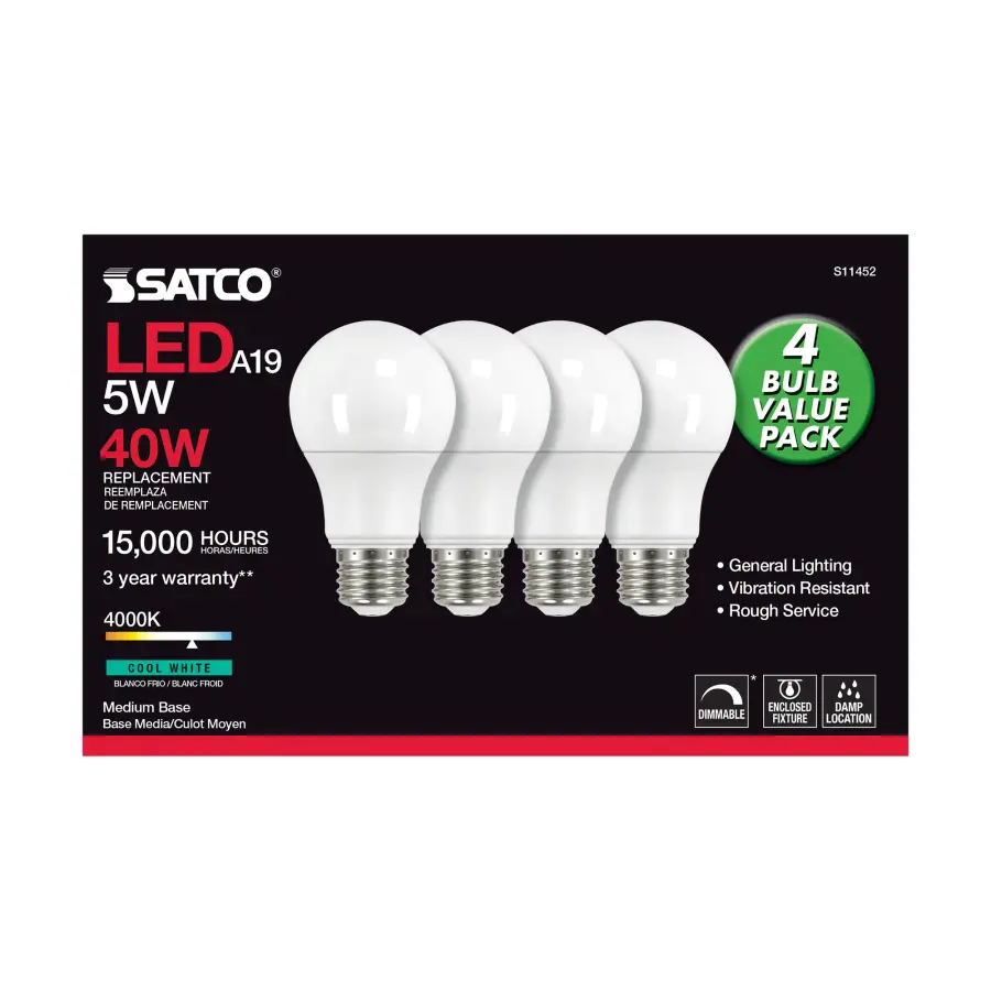 5 Watt A19 LED - 4000K - Dimmable - Medium base - 230 deg. Beam Angle - 4-pack - Image 3