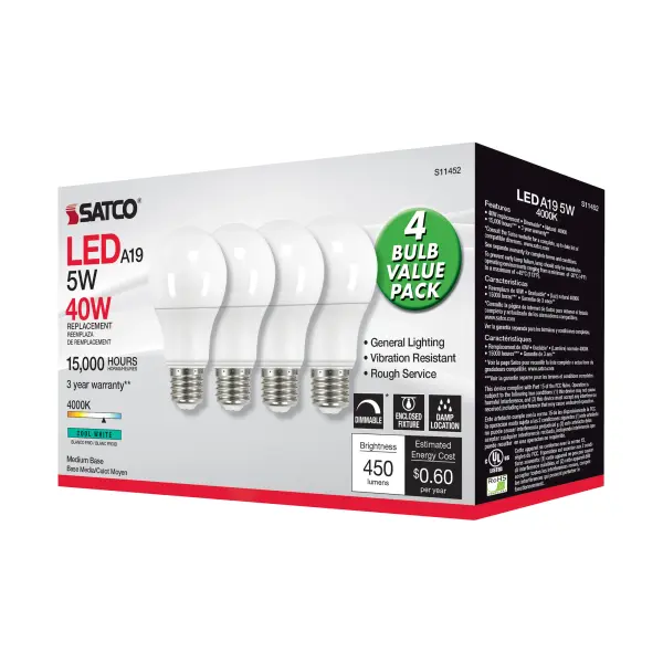 5 Watt A19 LED - 4000K - Dimmable - Medium base - 230 deg. Beam Angle - 4-pack - Image 6