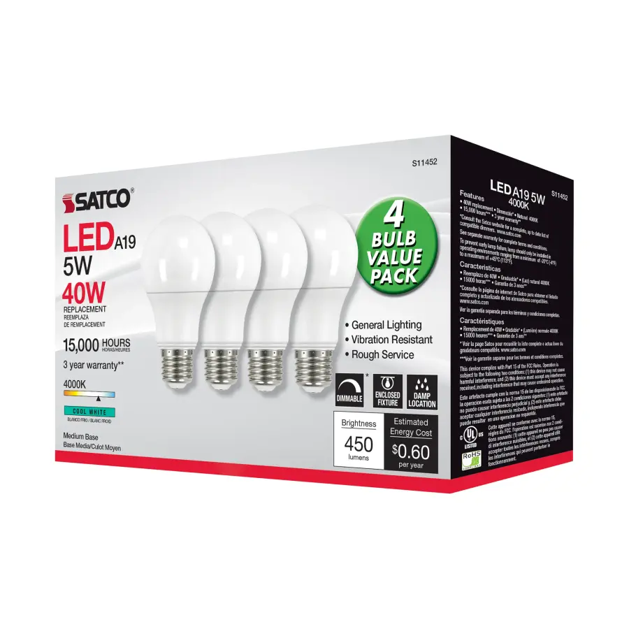 5 Watt A19 LED - 4000K - Dimmable - Medium base - 230 deg. Beam Angle - 4-pack - Image 6