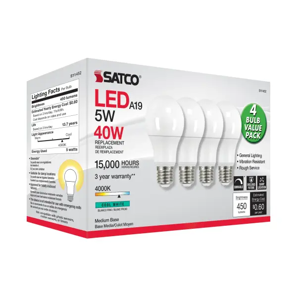 5 Watt A19 LED - 4000K - Dimmable - Medium base - 230 deg. Beam Angle - 4-pack - Image 7