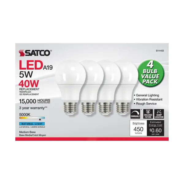 Satco's 5-watt LED lamp is traditional, yet contemporary with its sleek finish and energy saving LED technology. Elegantly illuminate any room in the house with this 4 pack of dimmable bulbs. Sophisticated and modern, this frosted lamp delivers 15,000 hours of natural white light. - alternate view