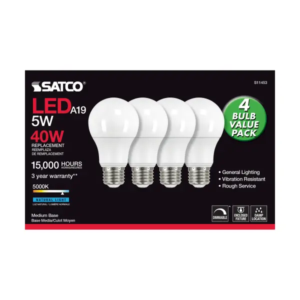 5 Watt A19 LED - 5000K - Dimmable - Medium base - 230 deg. Beam Angle - 4-pack - Image 3