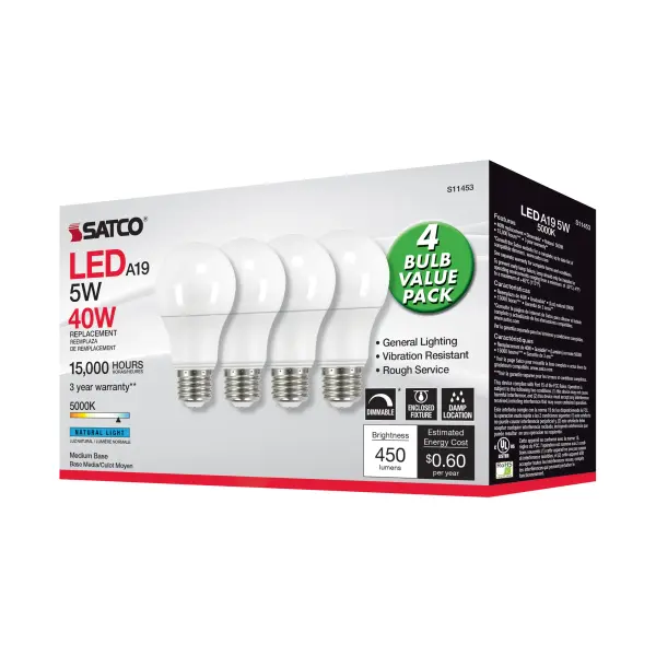 5 Watt A19 LED - 5000K - Dimmable - Medium base - 230 deg. Beam Angle - 4-pack - Image 6