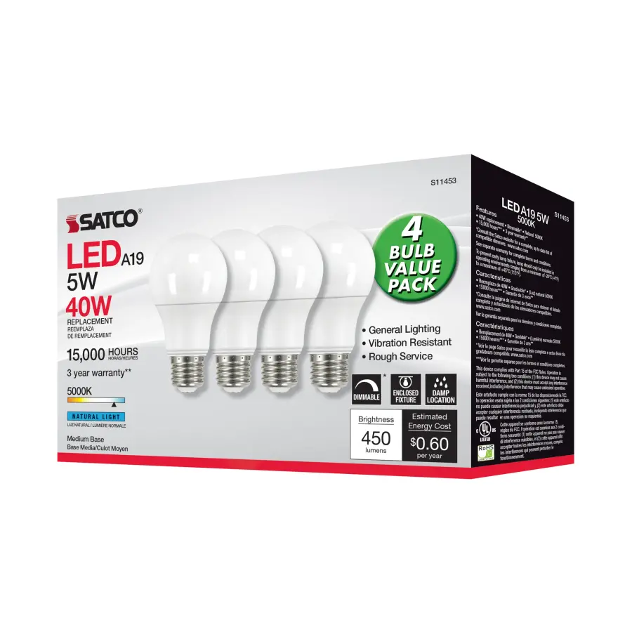 5 Watt A19 LED - 5000K - Dimmable - Medium base - 230 deg. Beam Angle - 4-pack - Image 6
