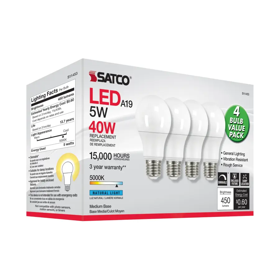 5 Watt A19 LED - 5000K - Dimmable - Medium base - 230 deg. Beam Angle - 4-pack - Image 7
