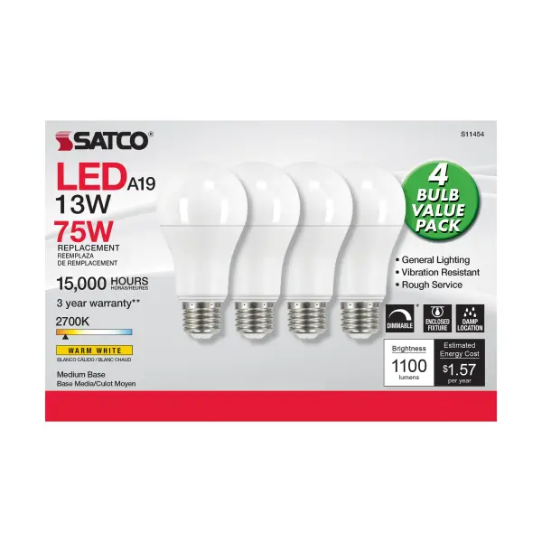 Satco's 13-watt LED lamp is traditional, yet contemporary with its sleek finish and energy saving LED technology. Elegantly illuminate any room in the house with this 4 pack of dimmable bulbs. Sophisticated and modern, this frosted lamp delivers 15,000 hours of warm white light. - alternate view