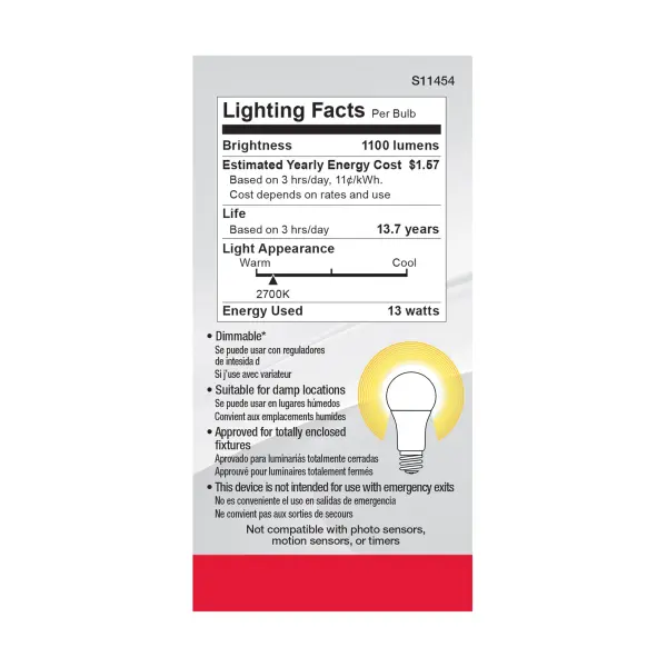 13 Watt A19 LED - 2700K - Dimmable - Medium base - 230 deg. Beam Angle - 4-pack - Image 5