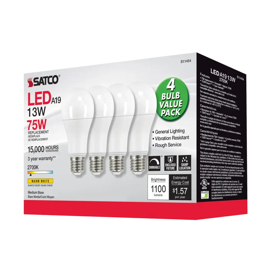 13 Watt A19 LED - 2700K - Dimmable - Medium base - 230 deg. Beam Angle - 4-pack - Image 6